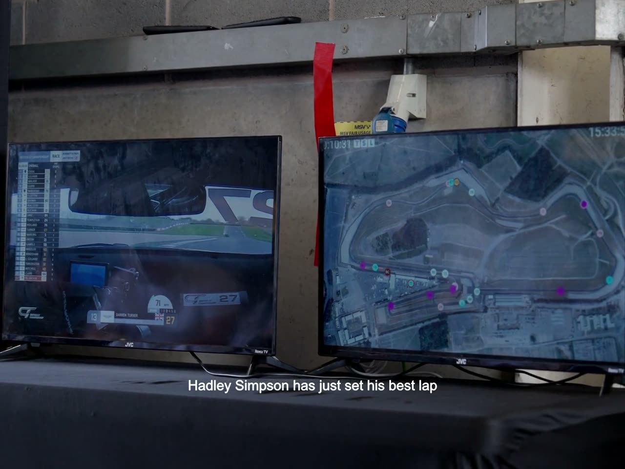 The garage, watching the timing screens