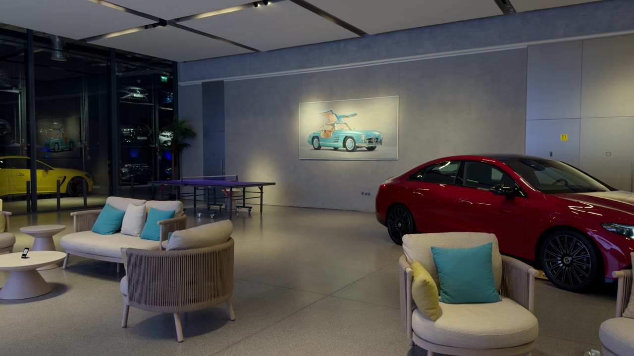 The lounge, and a red coupé