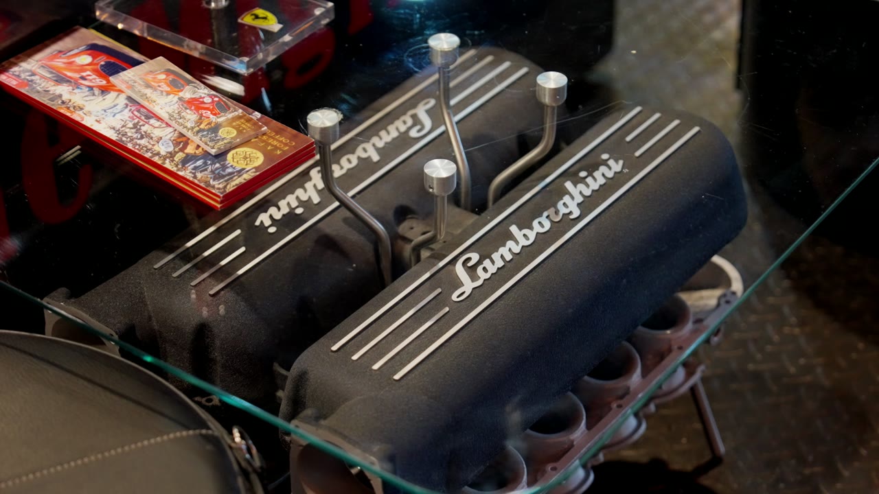 A Lamborghini engine, on a plinth